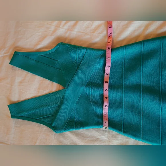 NWOT Bright Teal HERVE LEGER V- Neck Mini Bandage Dress XS $790 - Picture 7 of 14